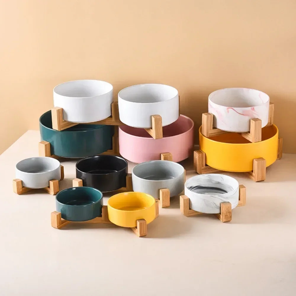 Gamelle Design en Céramique avec Support Bois – Bol Élevé pour Chien & Chat 🐾